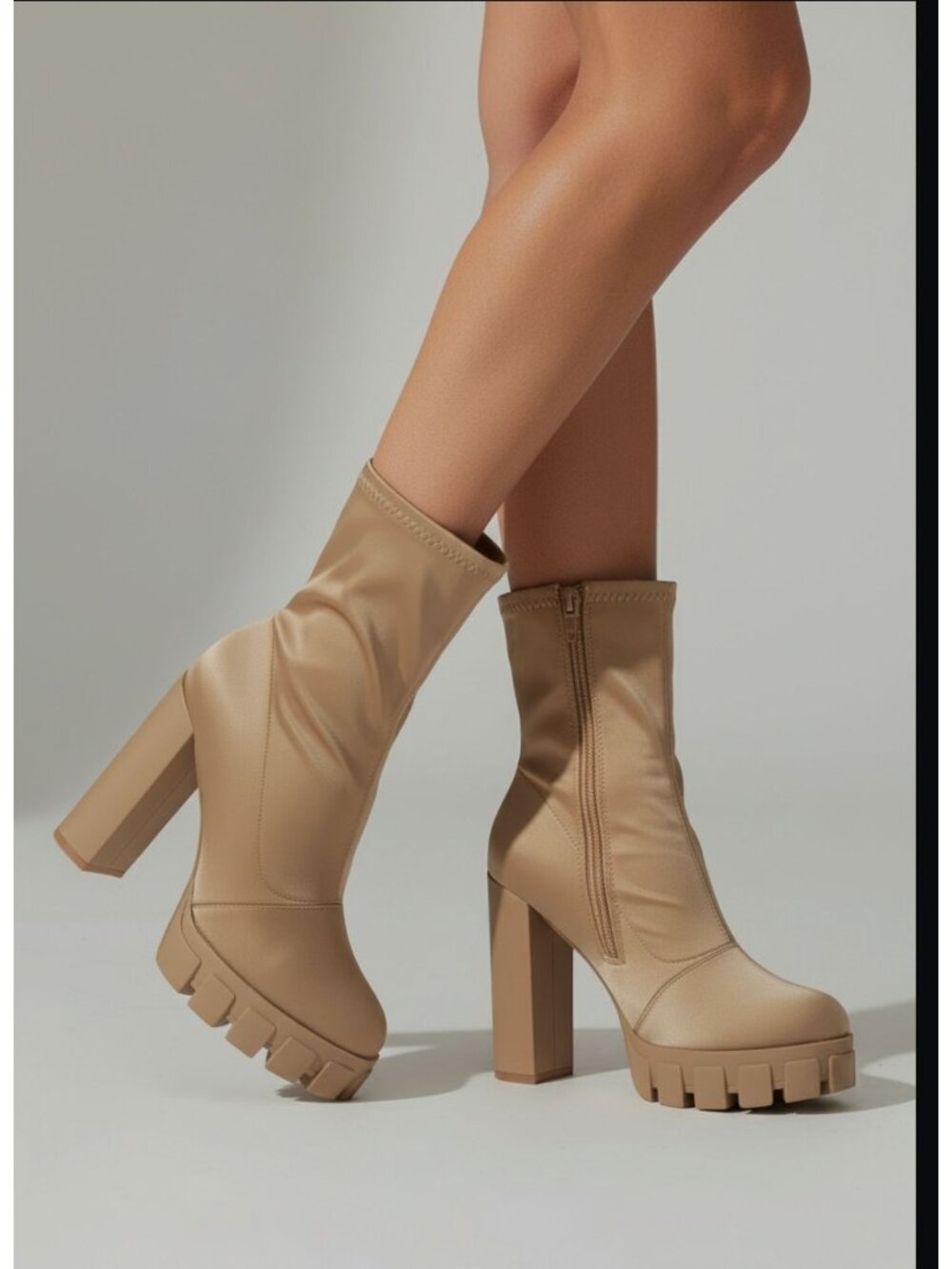 Chunky Heel Platform Ankle Boots With Side Zipper In Beige Satin Material For Wo